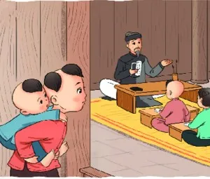 Cậu bé đứng ngoài lớp học