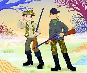 Hai anh em đi săn và chú thỏ trong rừng